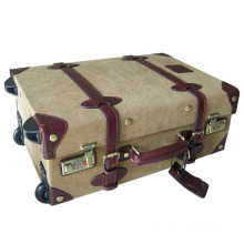 Guangzhou custom canvas and leather vintage luggage trolley case